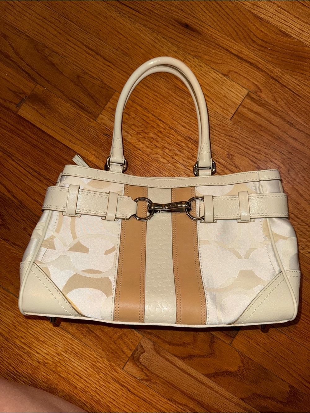 Coach Beige Tan White Satchel Top Handle Bag with Logo Print & Metal Accents Y2K